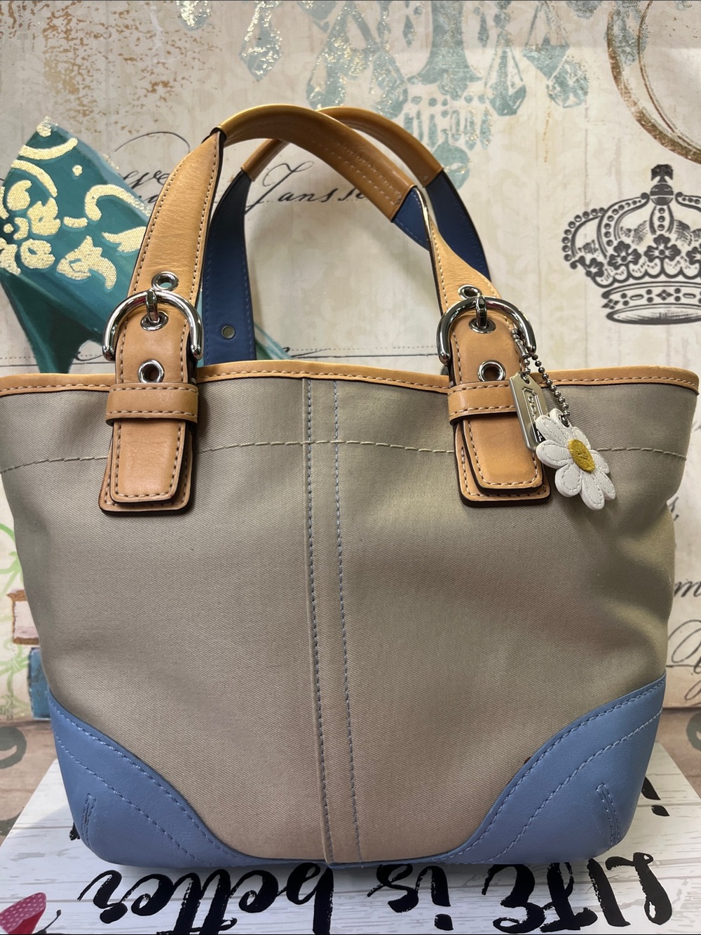 Coach vintage Two-Tone Taupe and Blue Pebbled Tote with Tan Trim - Picture 1 of 15